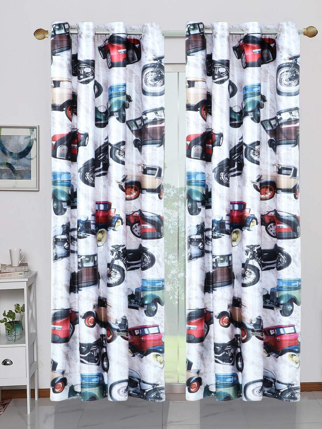 BELLA TRUE Set of 2 Off-White & Red Door Curtains