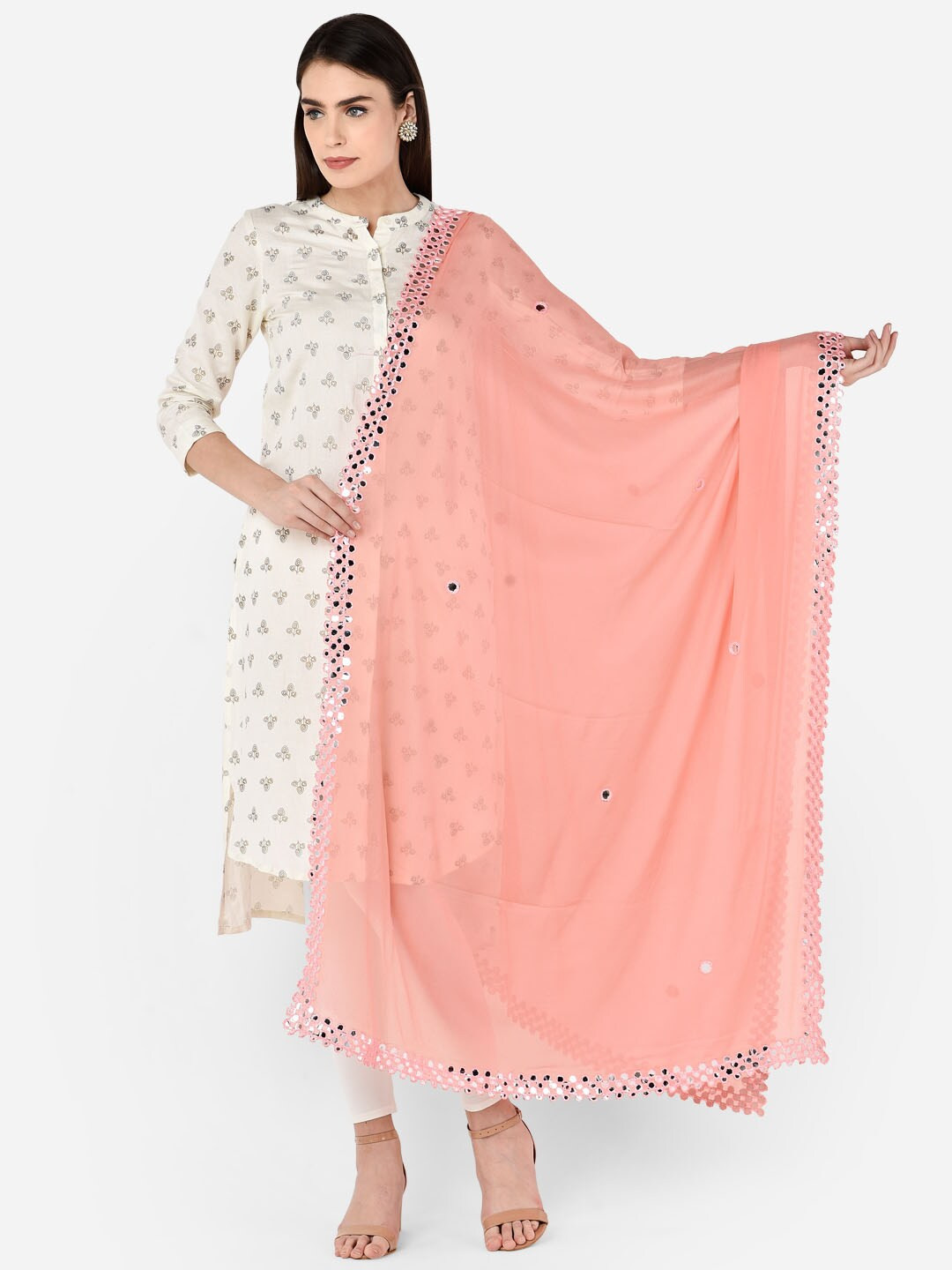 Dupatta Bazaar Peach-Coloured Mirror Work Chiffon Dupatta