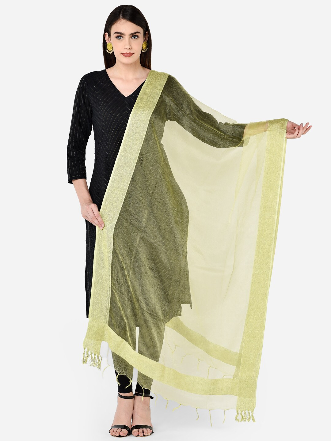 Dupatta Bazaar Green Solid Organza Dupatta with Jute Border