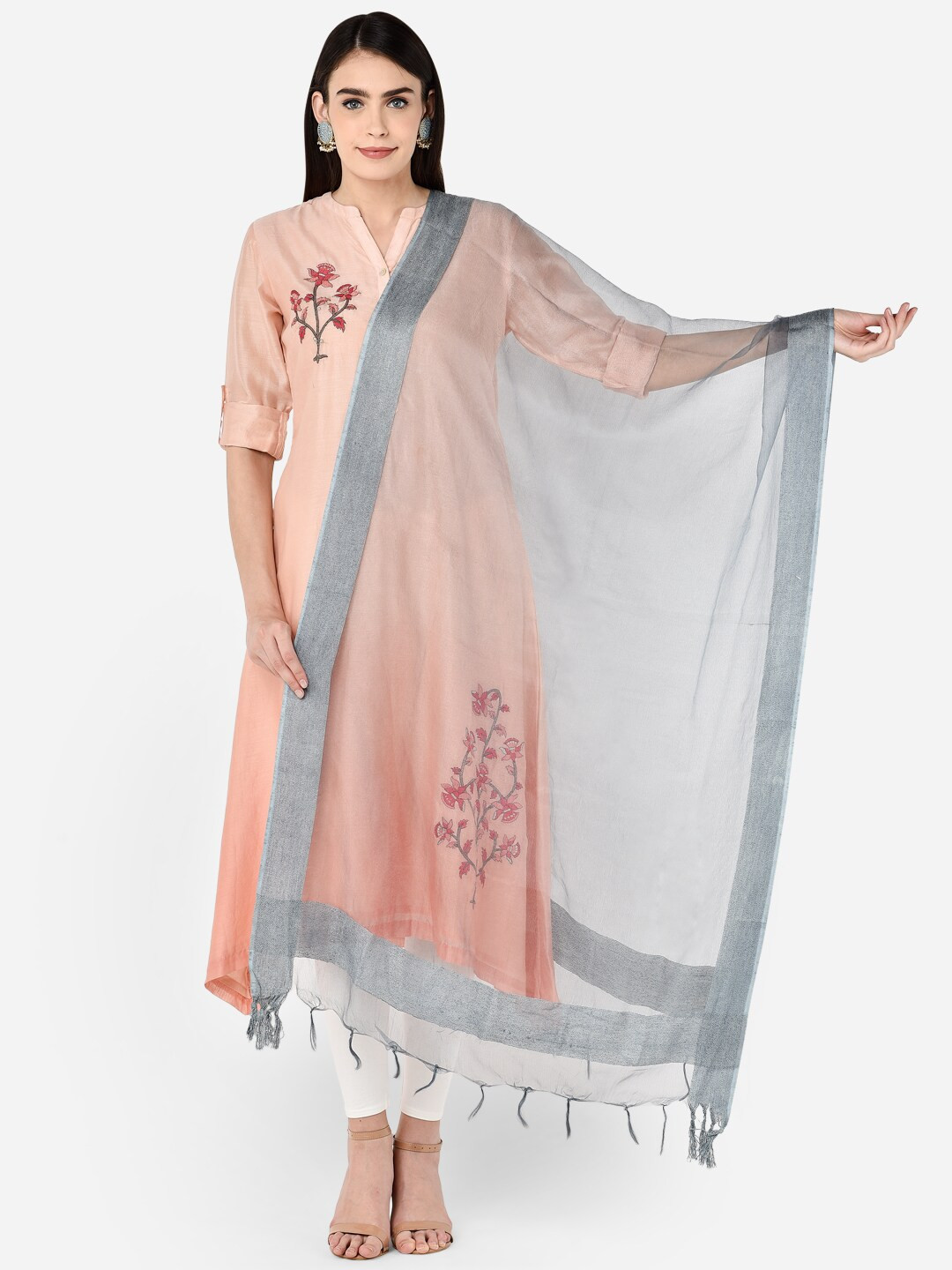 Dupatta Bazaar Grey Solid Organza Jute Border Dupatta