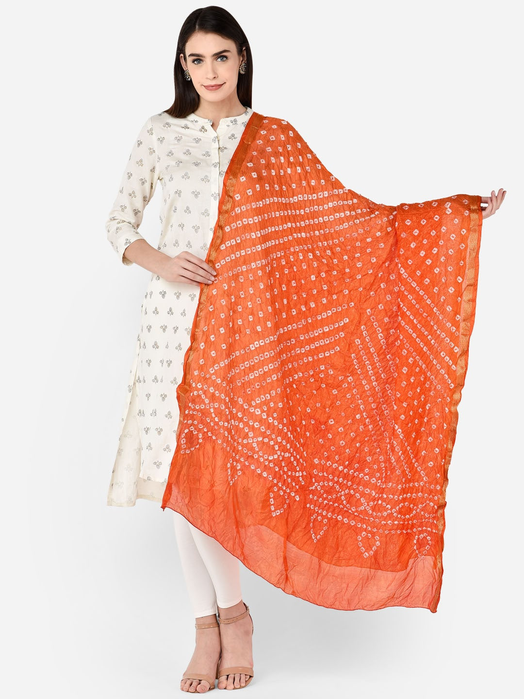 Dupatta Bazaar Orange & White Printed Bandhini Silk Blend Dupatta