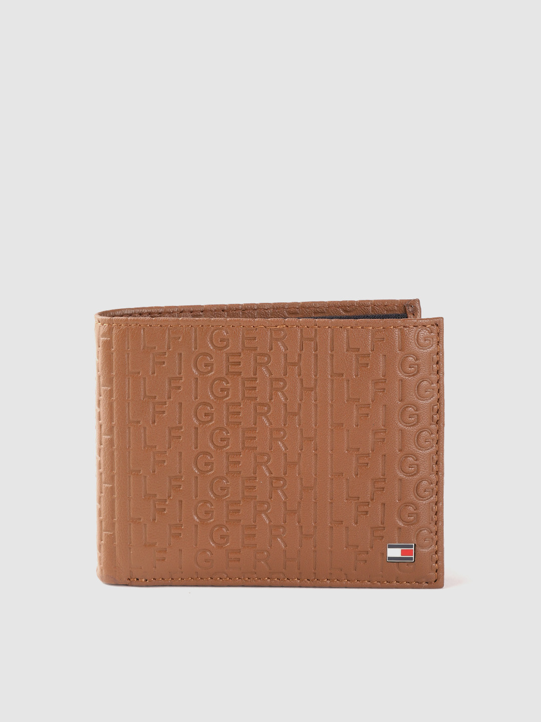 Tommy Hilfiger Men Tan Typography Textured Leather Two Fold Wallet