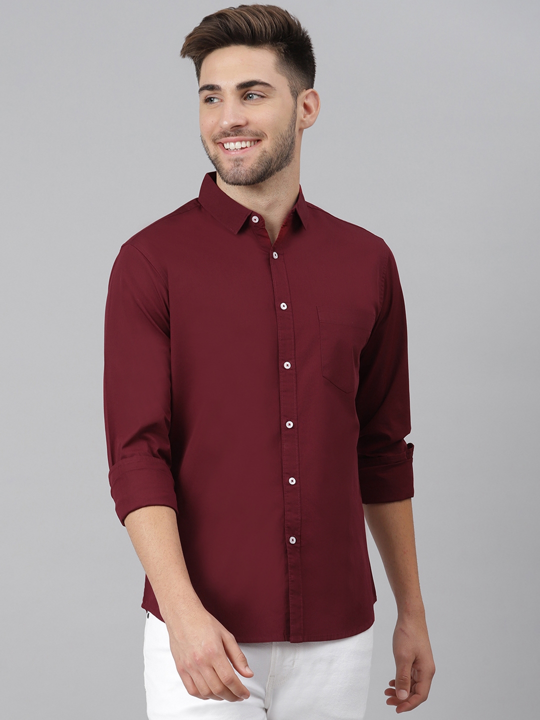 Dennis Lingo Men Maroon Solid Slim Fit Cotton Casual Shirt