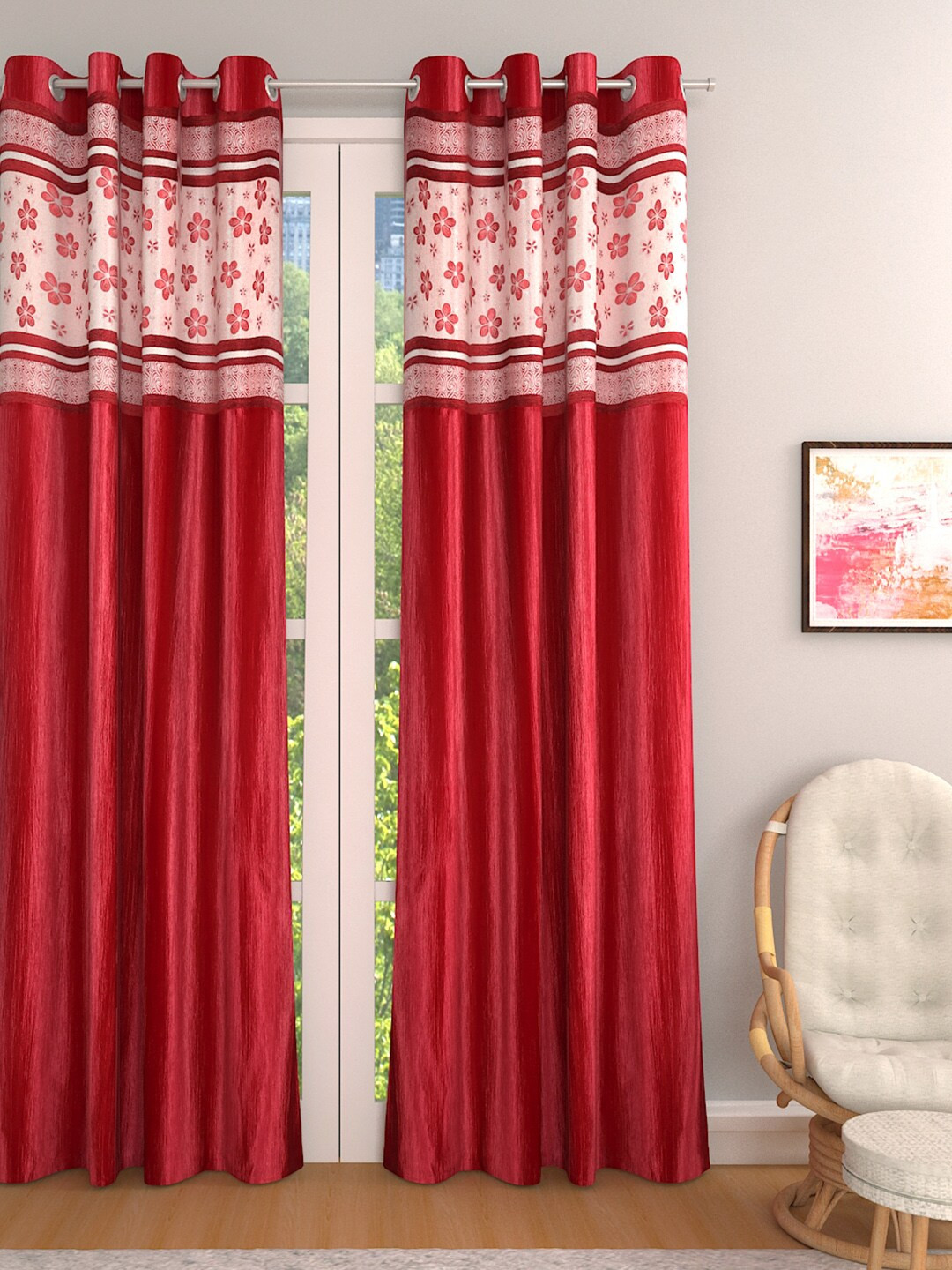 ROMEE Red & Pink Single Jacquard Room Darkening Long Door Curtain