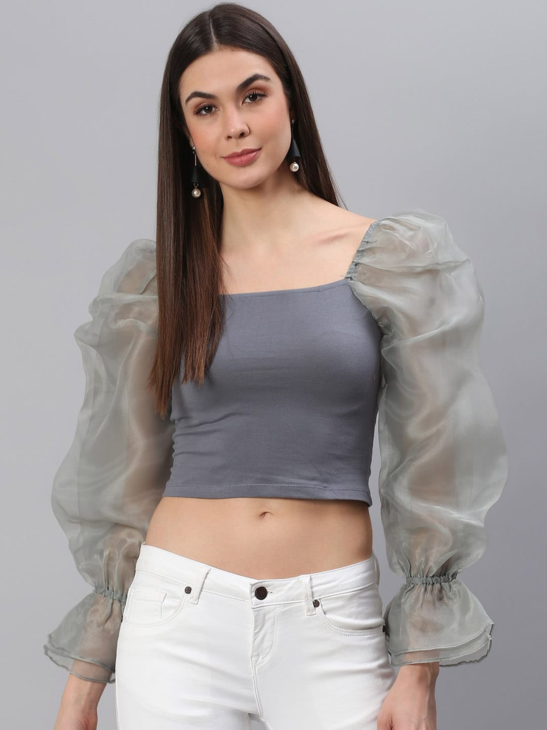 Cation Grey Puff Sleeves Fitted Crop Top