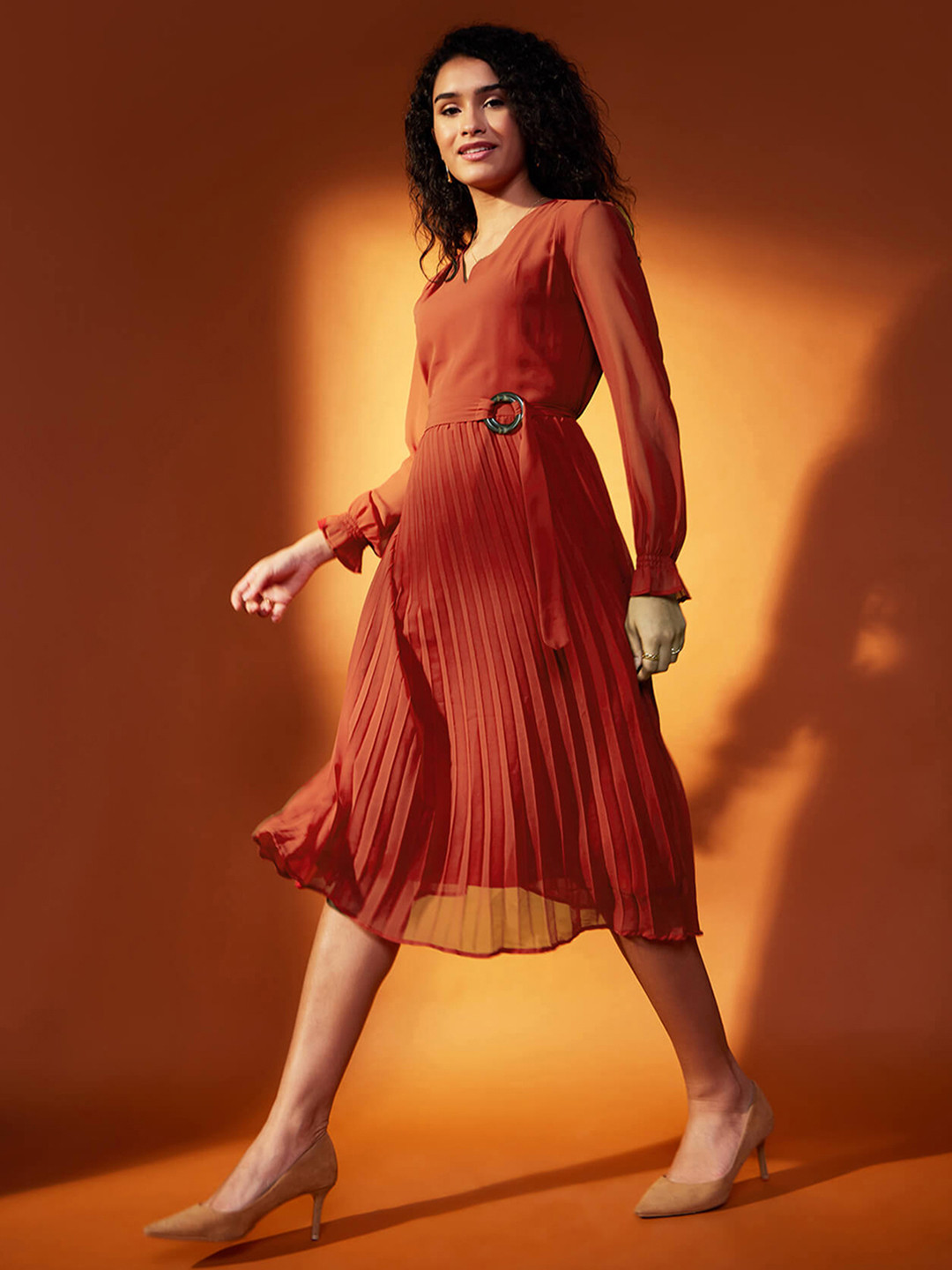 FableStreet Women Rust Pleated Fit and Flare Dress