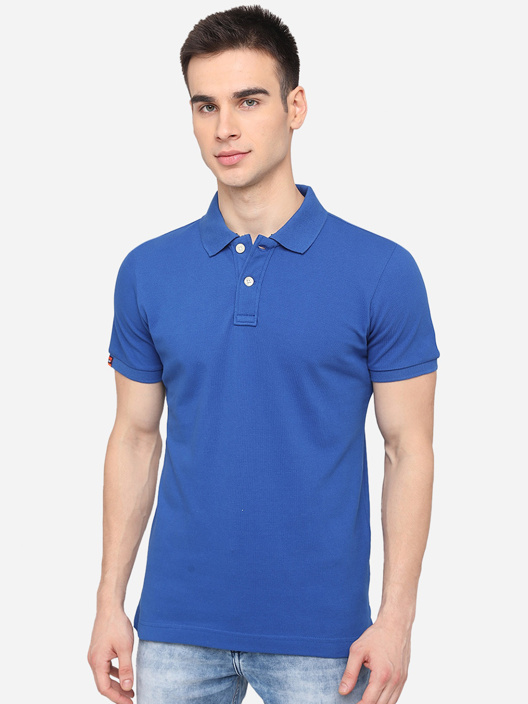 JADE BLUE Men Blue Solid Polo Collar Pure Cotton T-shirt