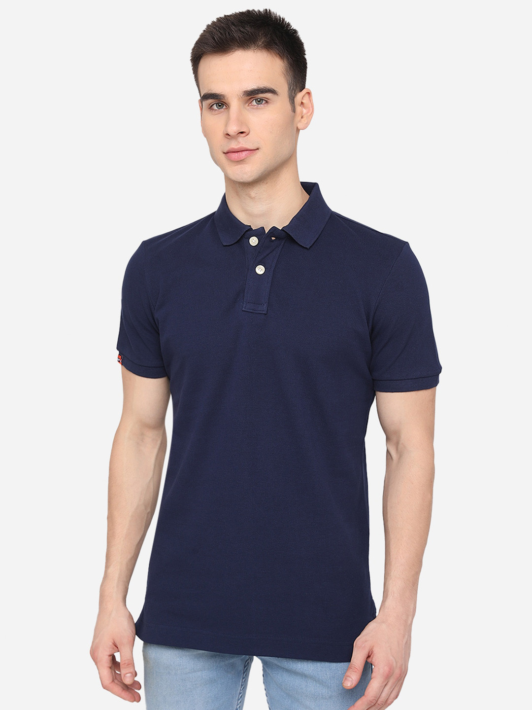 JADE BLUE Men Navy Blue Solid Polo Collar T-shirt