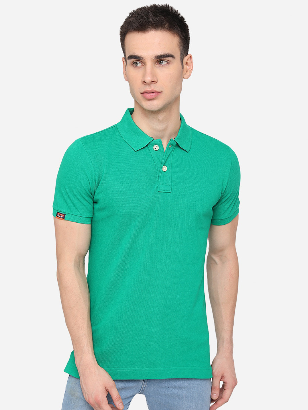 JADE BLUE Men Green Solid Pure Cotton Polo Collar T-shirt