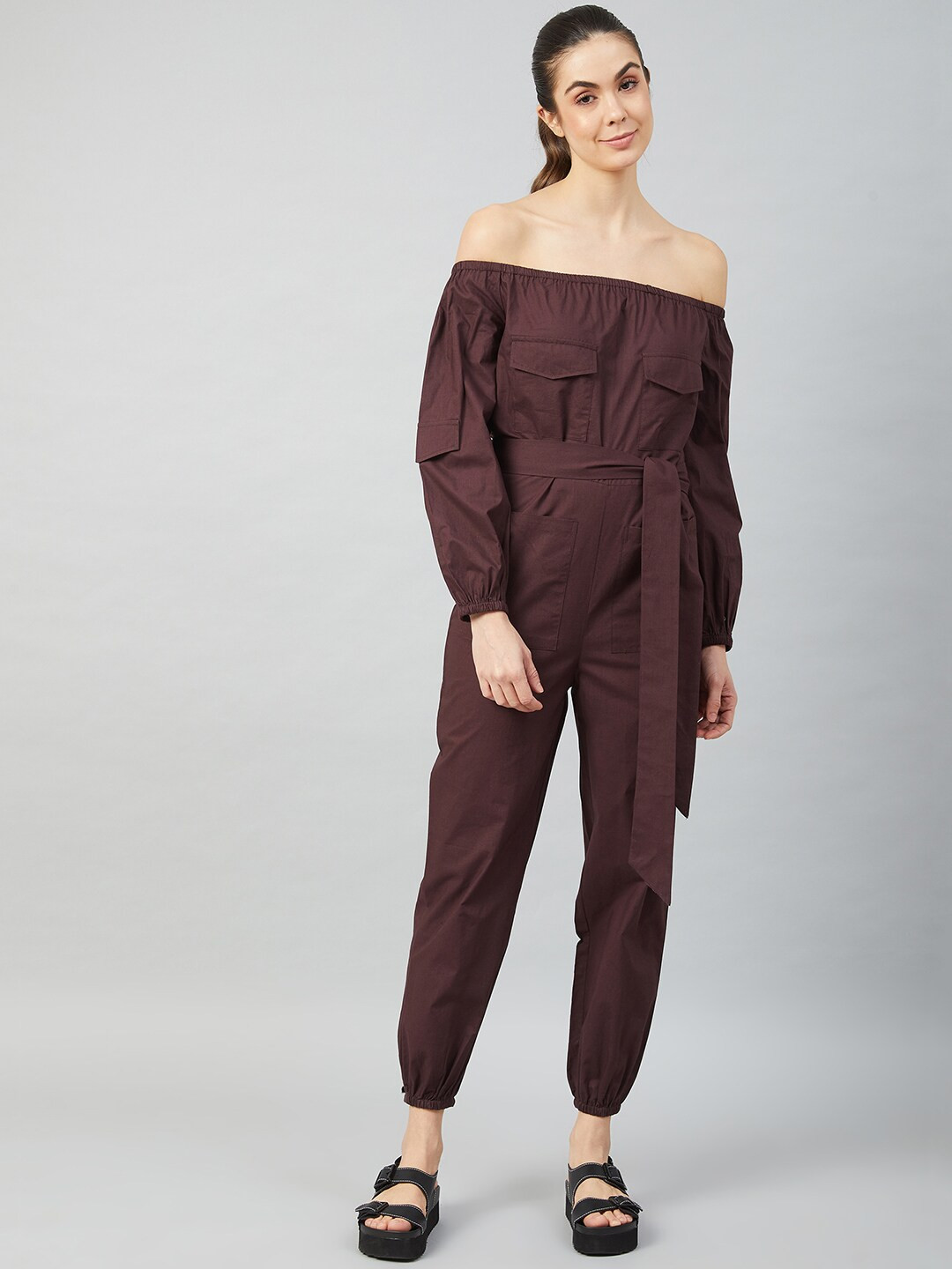 Athena Women Brown Solid Cotton Jumpsuit