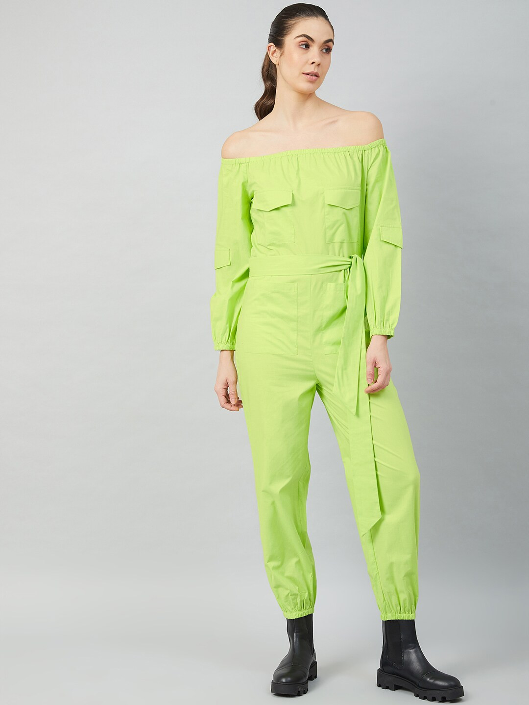 Athena Women Lime Green Solid Cotton Jumpsuit