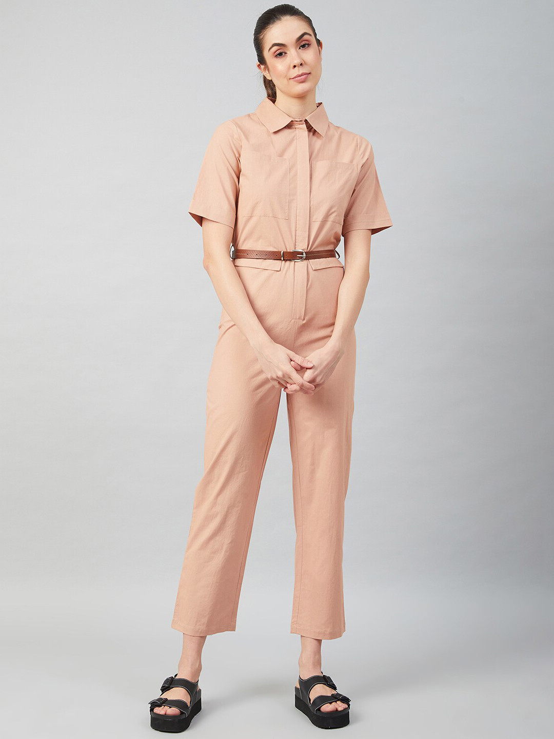 Athena Women Beige Solid Cotton Jumpsuit