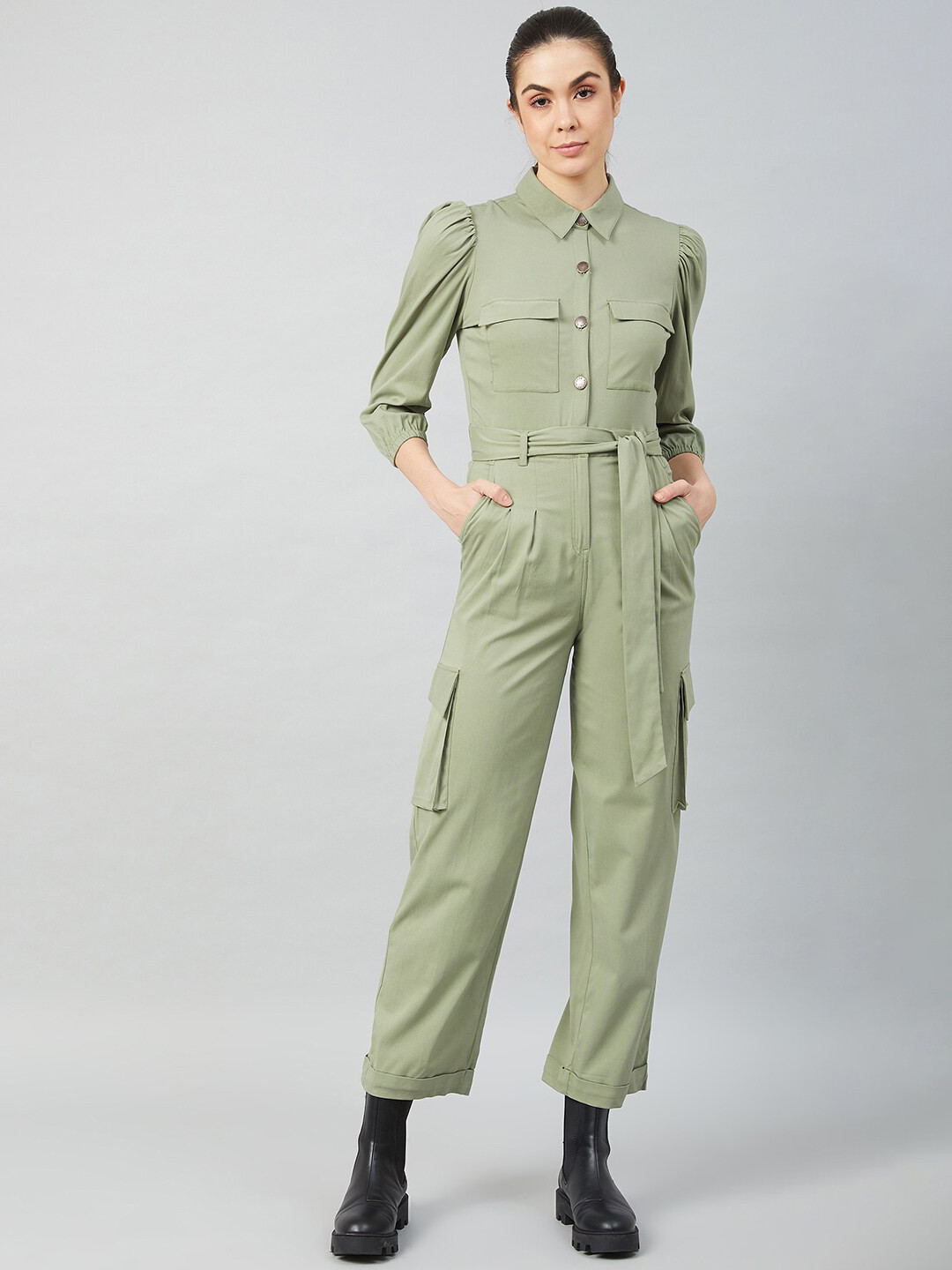 Athena Women Olive Green Solid Jumpsuit