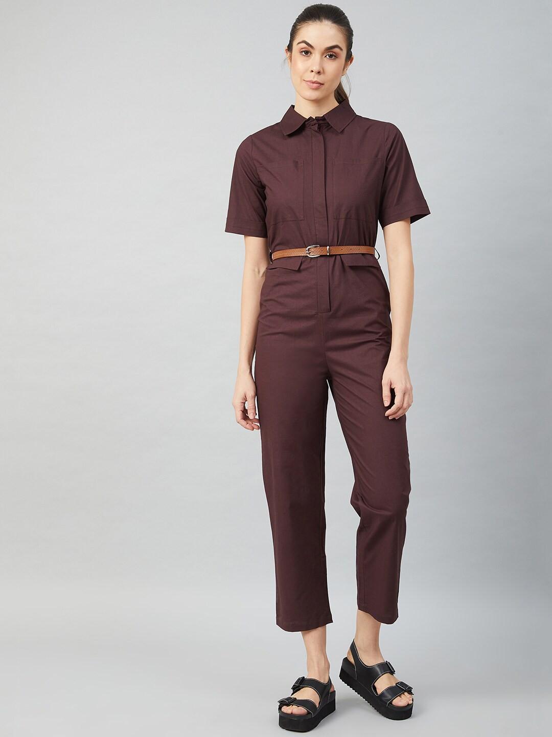 Athena Women Brown Solid Cotton Jumpsuit