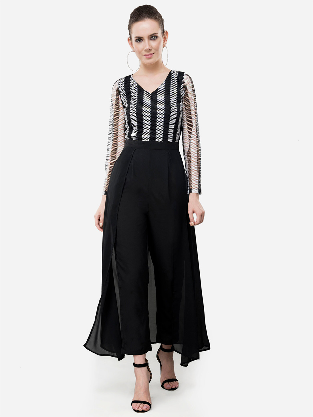 V&M Women Black & White Striped Lace Layered Jumpsuit Basic Jumpsuit