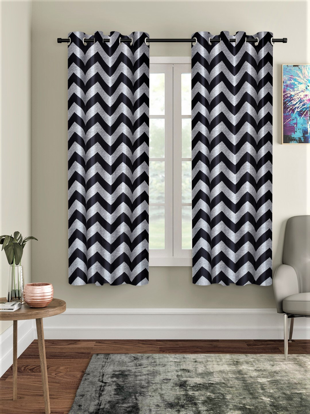 Home Sizzler Set of 2 Black & Grey Window Curtains