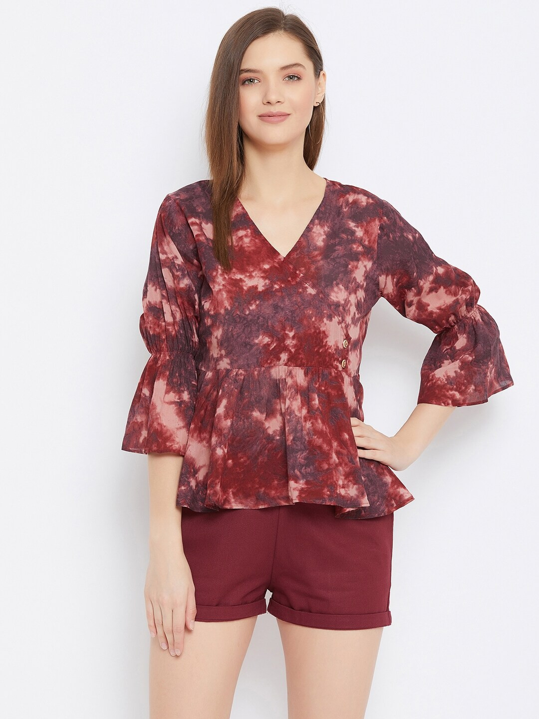 Bitterlime Women Maroon & Brown Dyed Top with Shorts