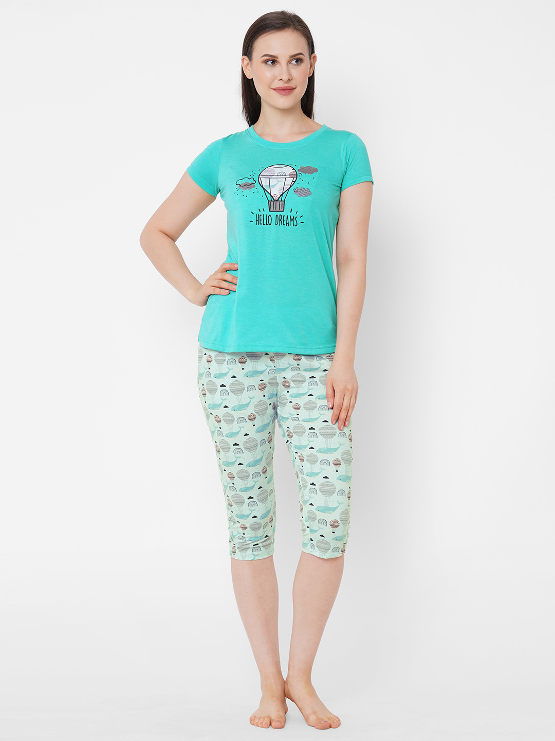 Sweet Dreams Women Green & Grey Printed Night Suit