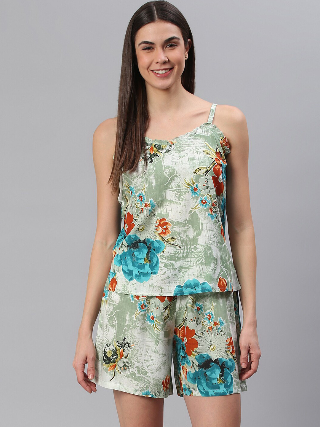 Cation Women Green & Turquoise Blue Printed Night Suit