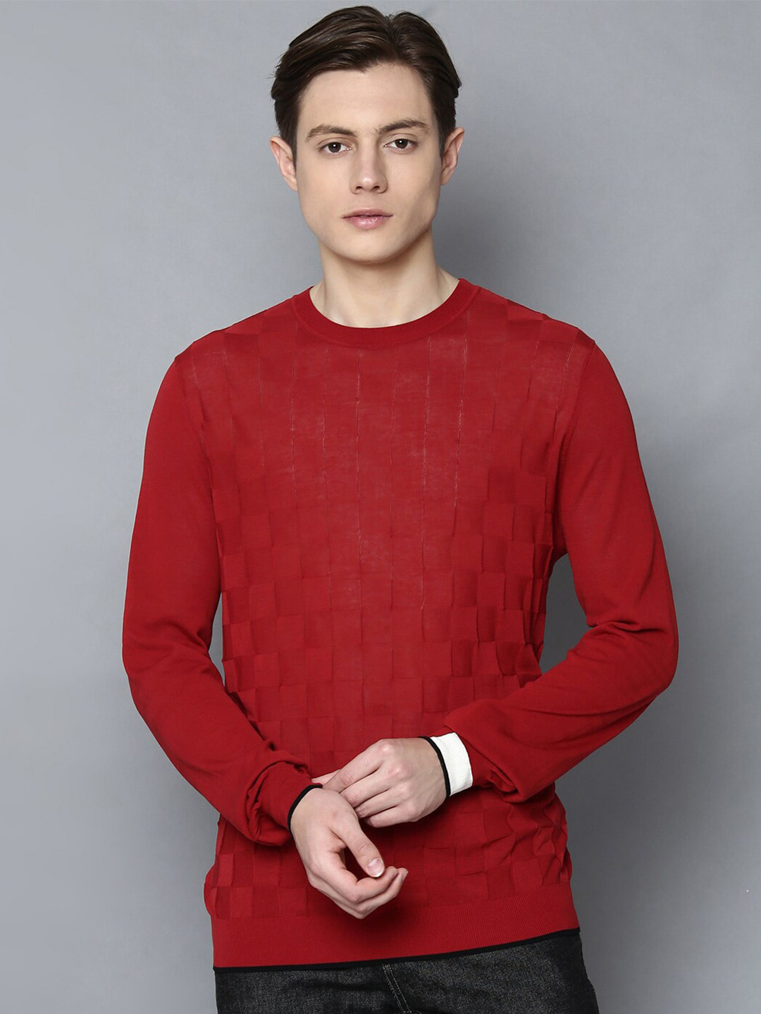 Antony Morato Men Red Checked Cotton Pullover Sweater