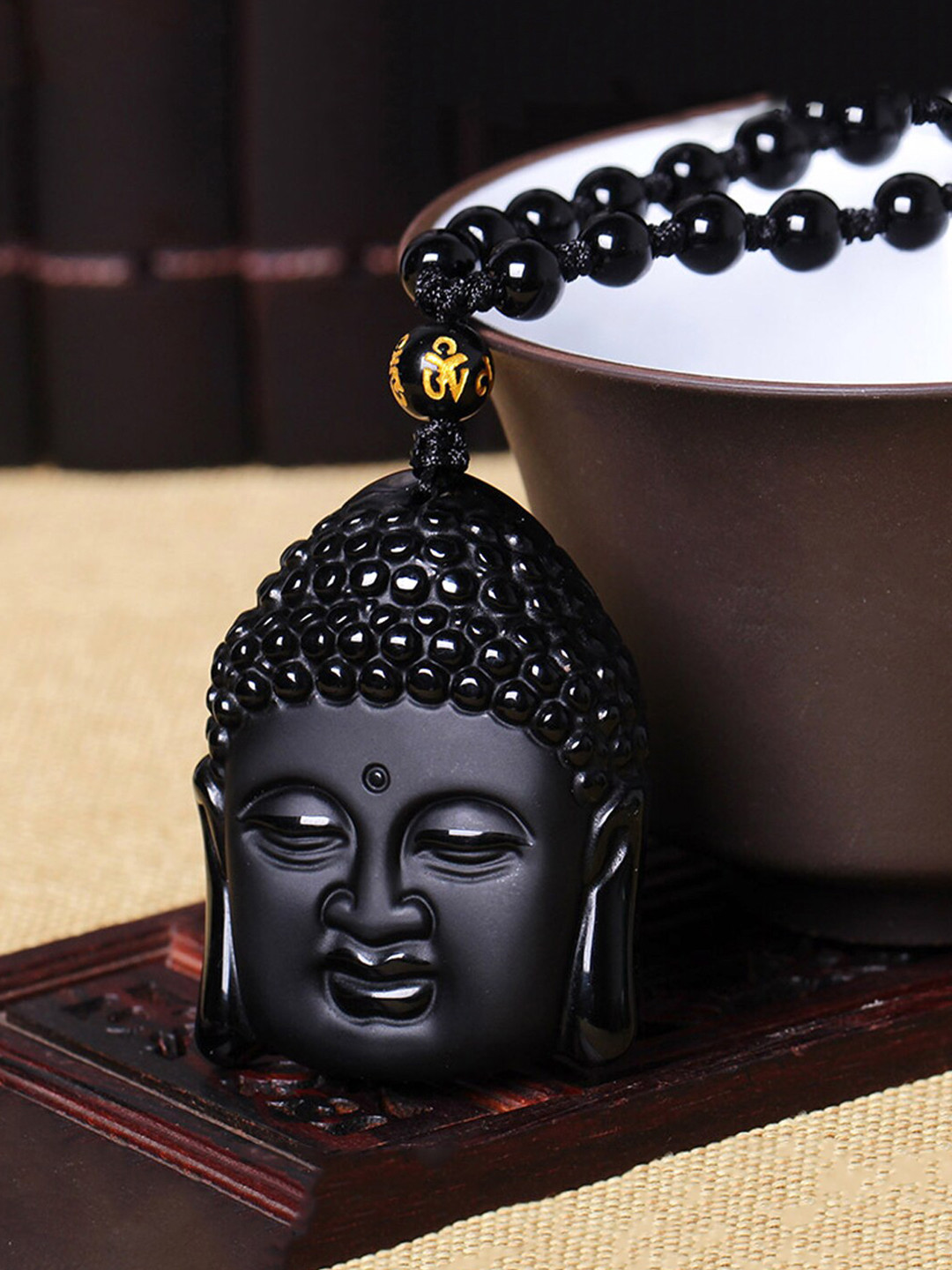 Yellow Chimes Men Black Obsedian Beads Buddha Pendant Necklace