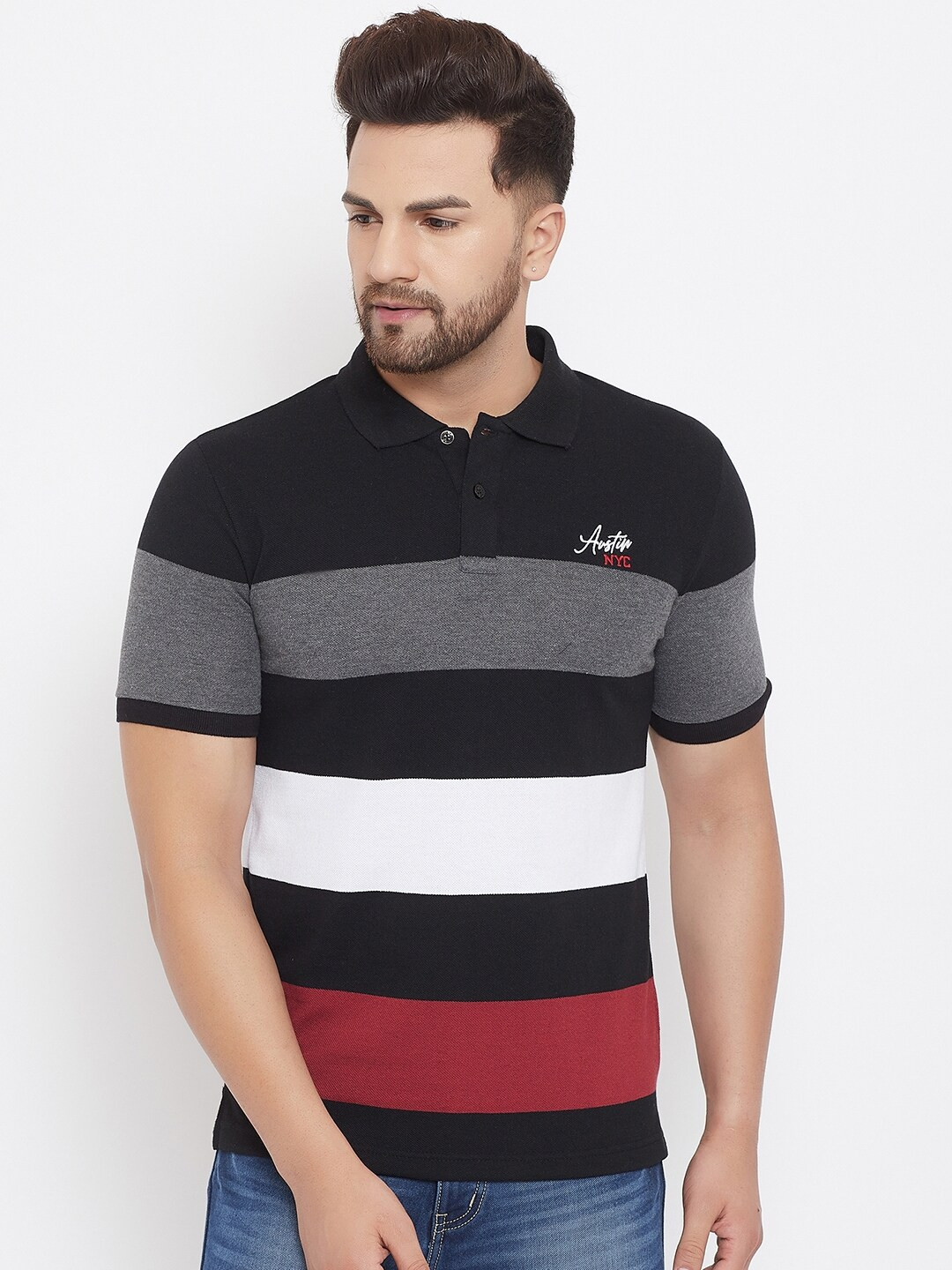 Austin wood Men Multicoloured Striped Polo Collar T-shirt