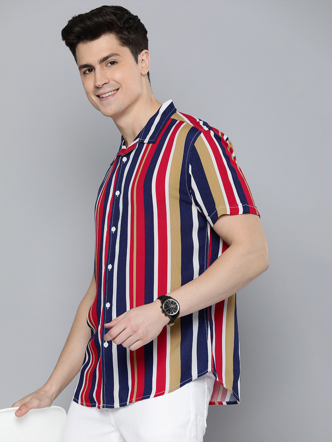 HERE&NOW Men Red & Navy Blue Regular Fit Striped Casual Shirt