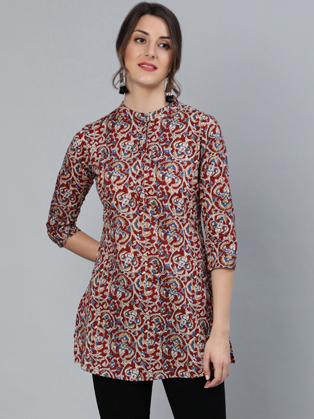 Nayo Women's Maroon & Cream-Coloured Printed Tunic
