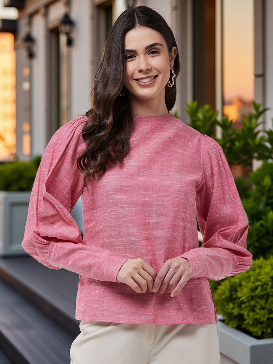 Pannkh Pink Puff Sleeves Pure Cotton Regular Top