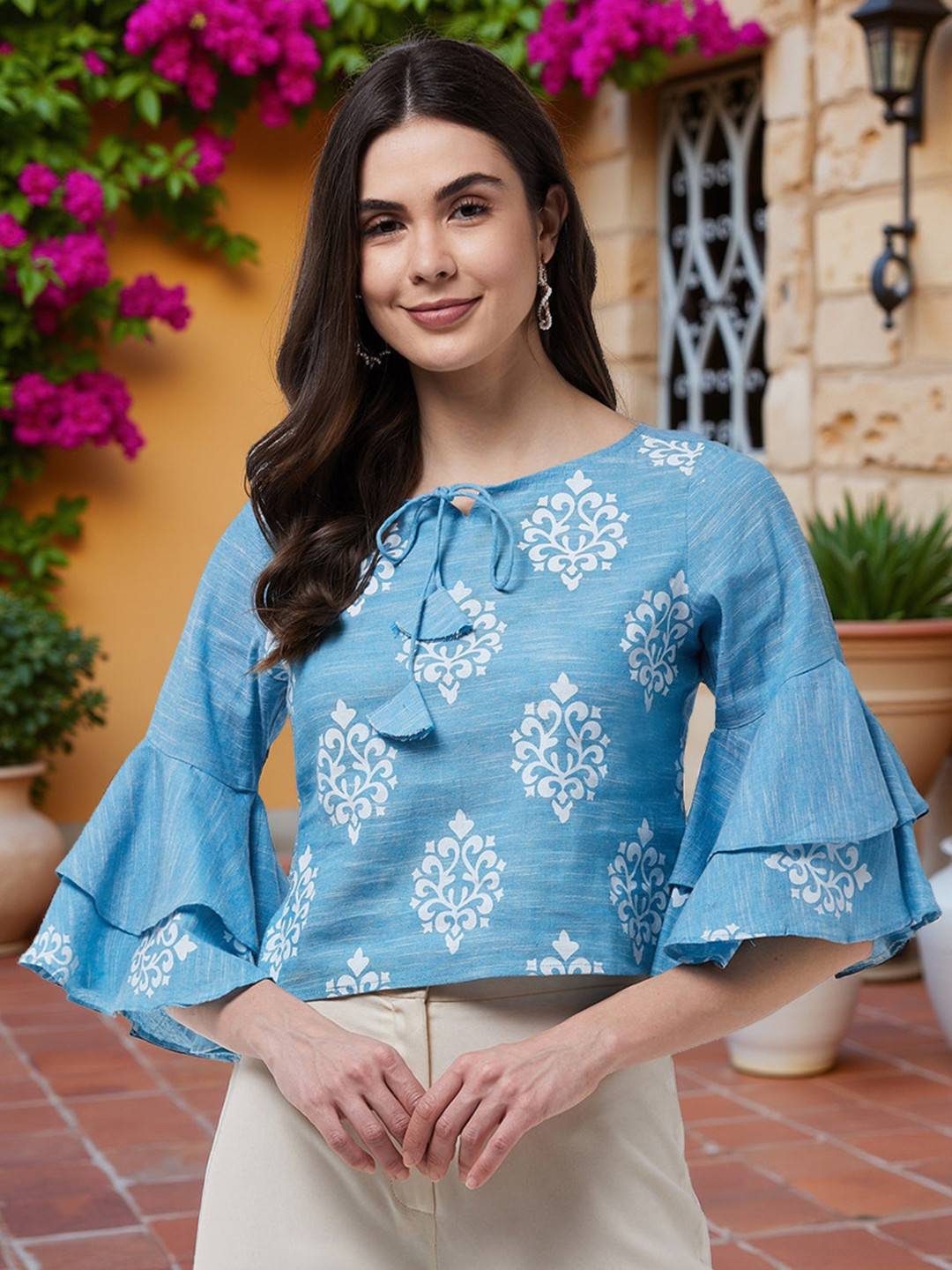 Pannkh Blue & White Printed Tie-Up Neck Bell Sleeves Pure Cotton Regular Crop Top