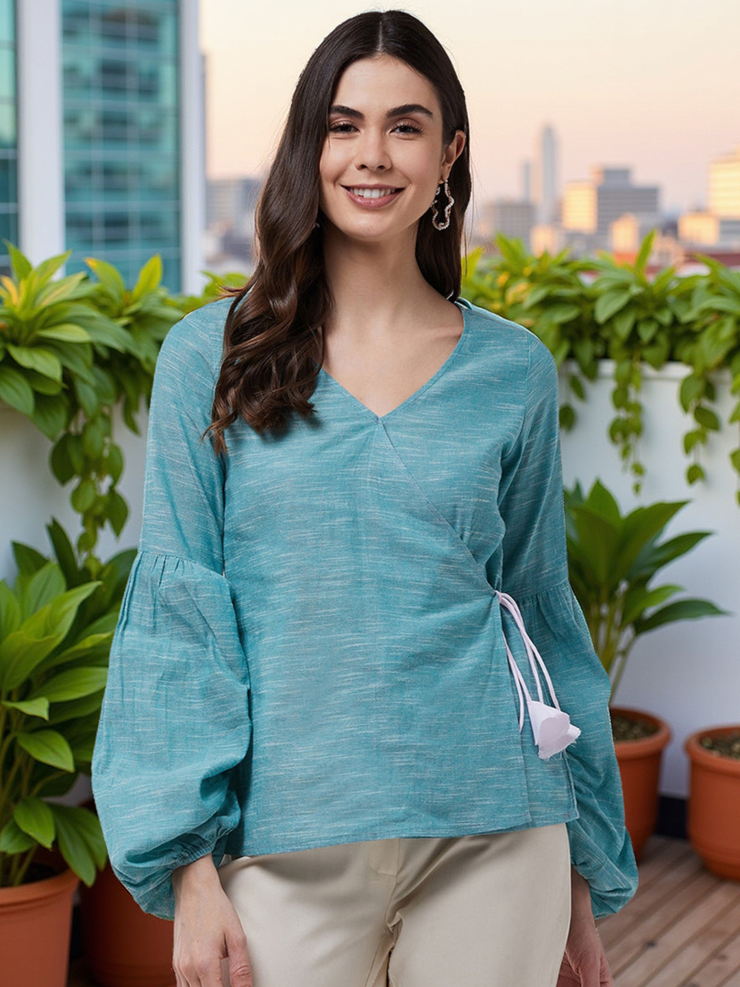 Pannkh Green Puff Sleeves Pure Cotton Wrap Top