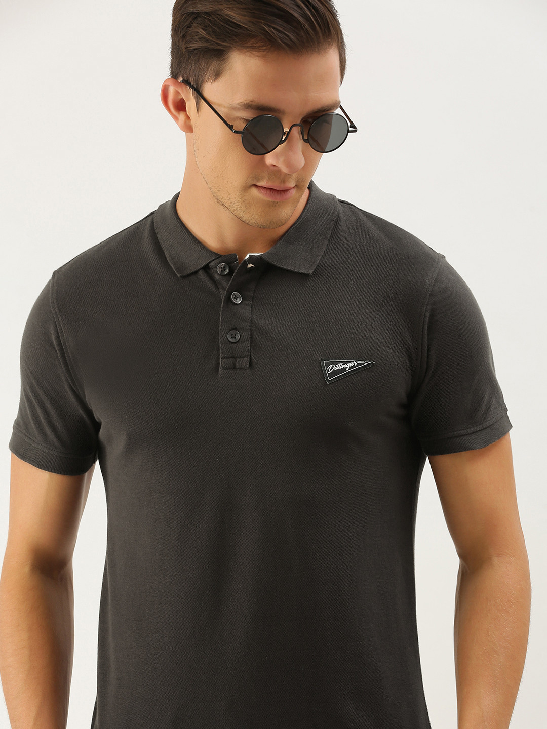 DILLINGER Men Charcoal Grey Polo Collar Pure Cotton T-shirt