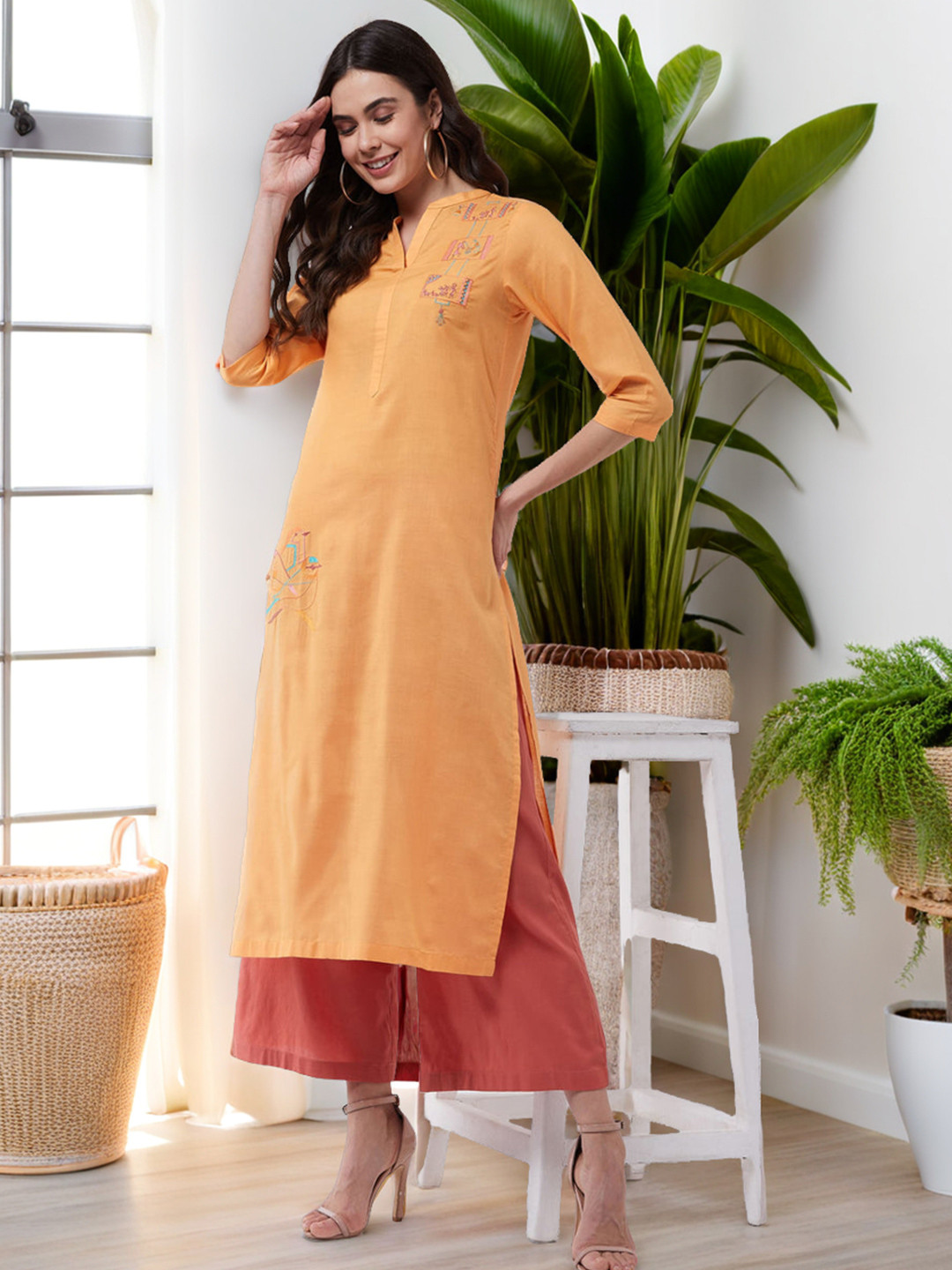 Pannkh Women Orange Solid Pure Cotton Kurta with Palazzos