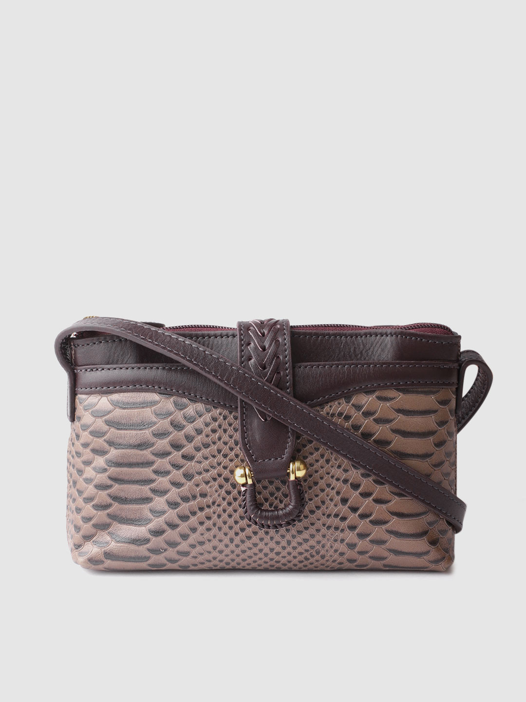Hidesign Gun Metal-Toned & Black Croc-Textured Leather Sling Bag