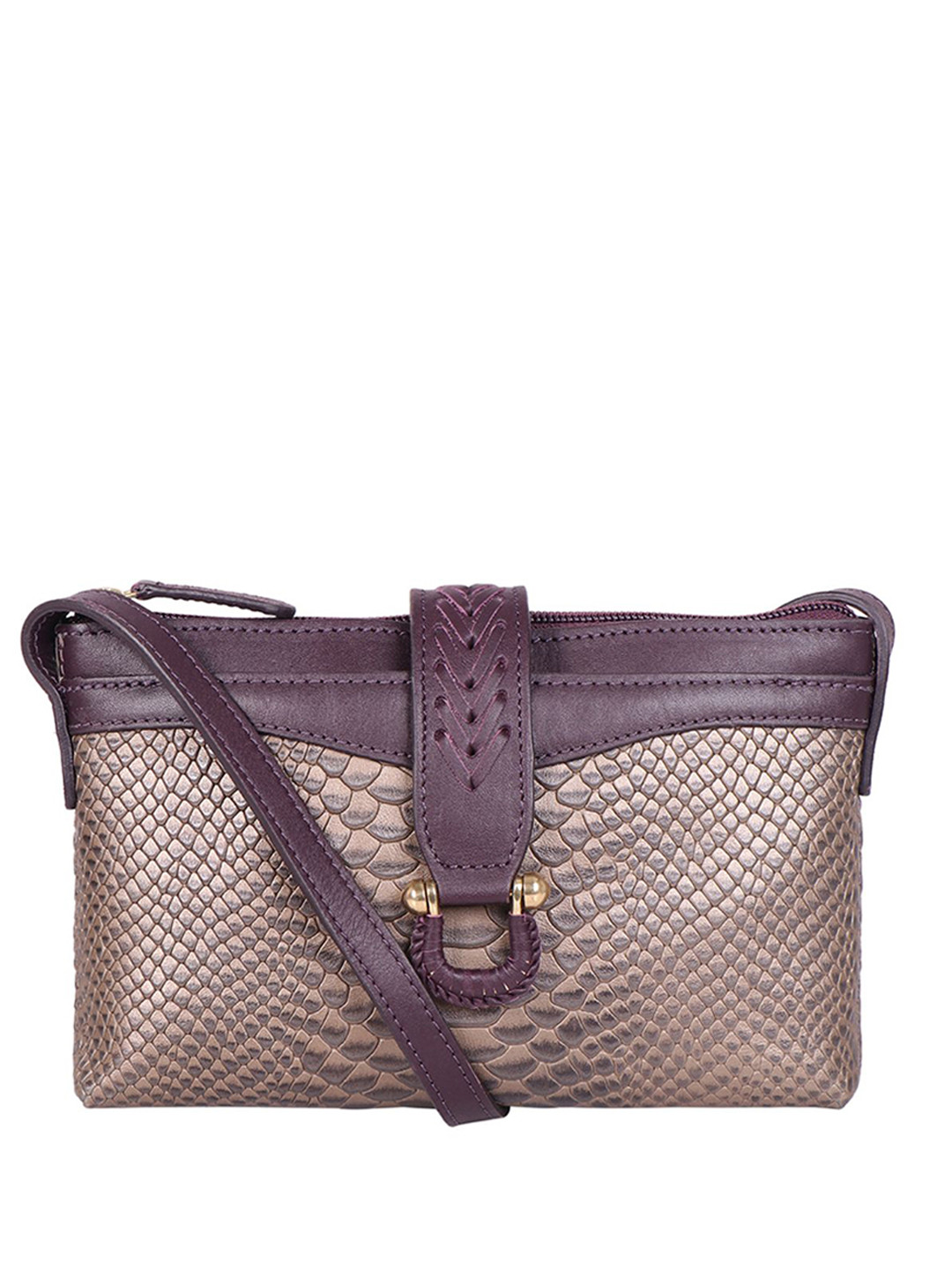 Hidesign Taupe 7 Purple Snakeskin Textured Leather Structured Sling Bag