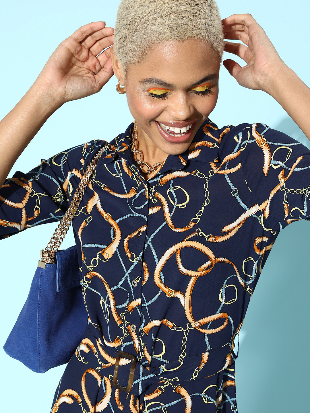 Globus Women Deep Navy Blue Conversational Cinched Waist Dress