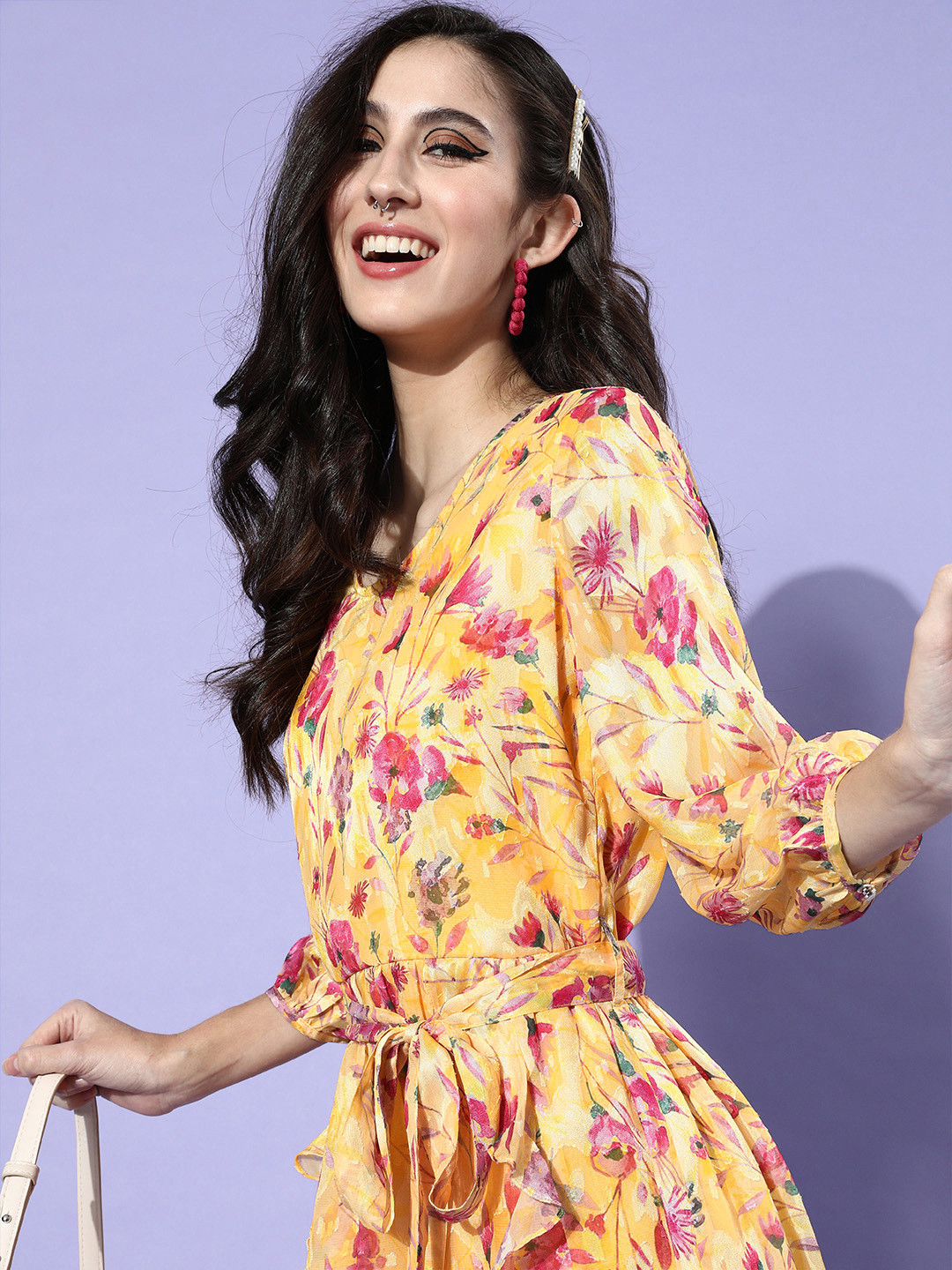 Globus Women Bright Yellow Floral Cinched Waist Dress