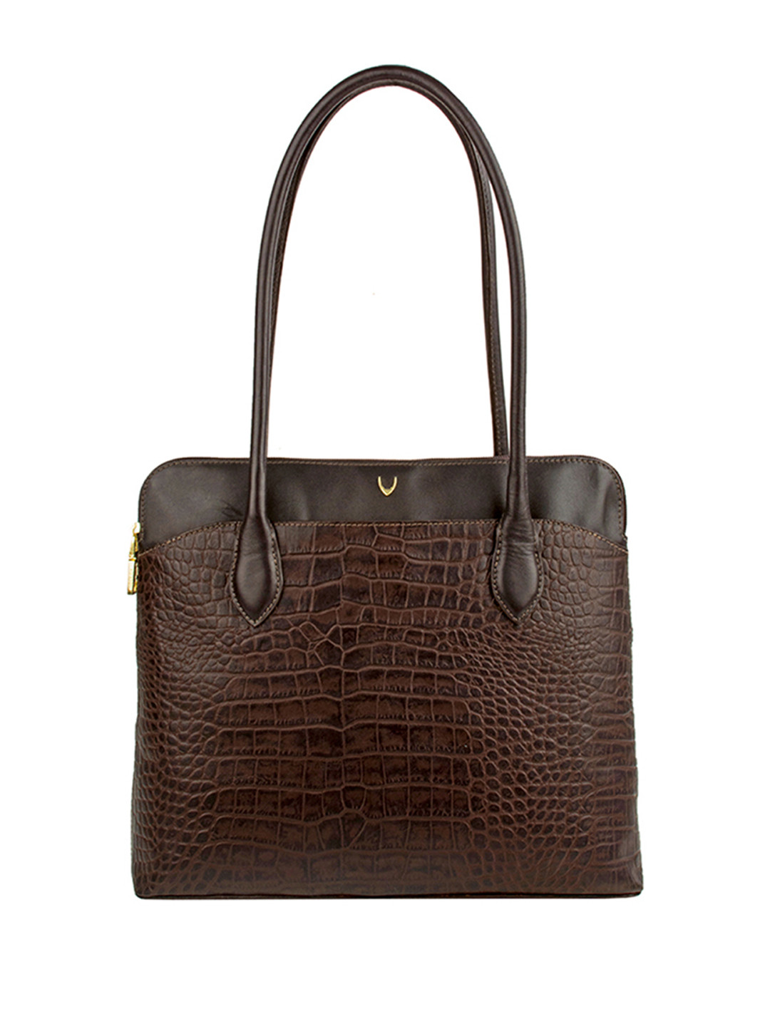 Hidesign Coffee Brown Handcrafted Croc Textured Leather Structured Shoulder Bag