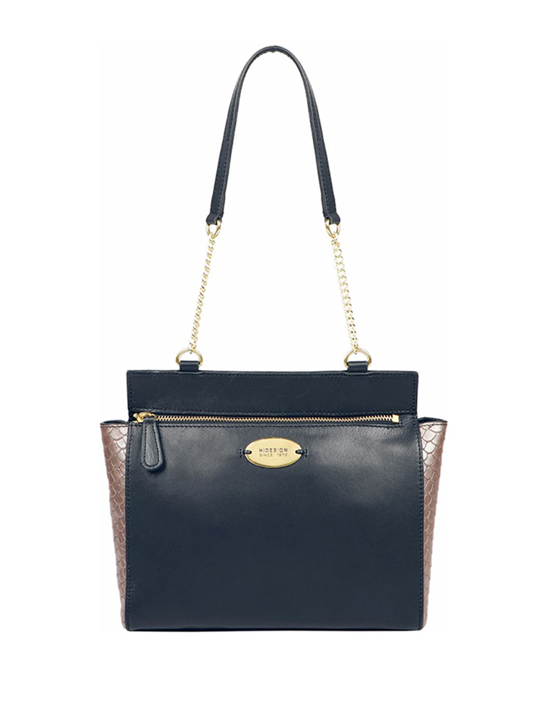 Hidesign Navy Blue & Gun Metal-Toned Croc-Textured Detail Leather Sling Bag