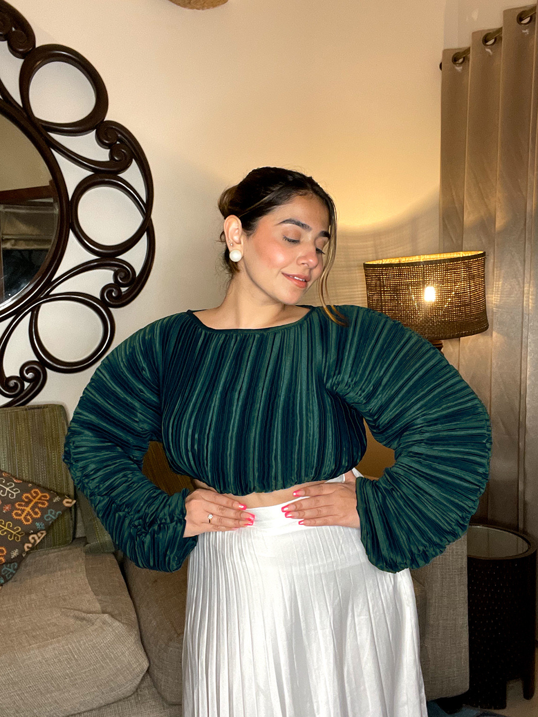 STREET 9 Green Puff Sleeves Blouson Crop Top