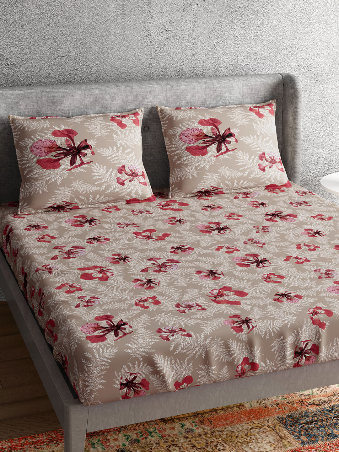 PETAL HOME Poinciana Beige Floral Cotton 300 TC King Bedsheet with 2 Pillow Covers-108 x 108 inches