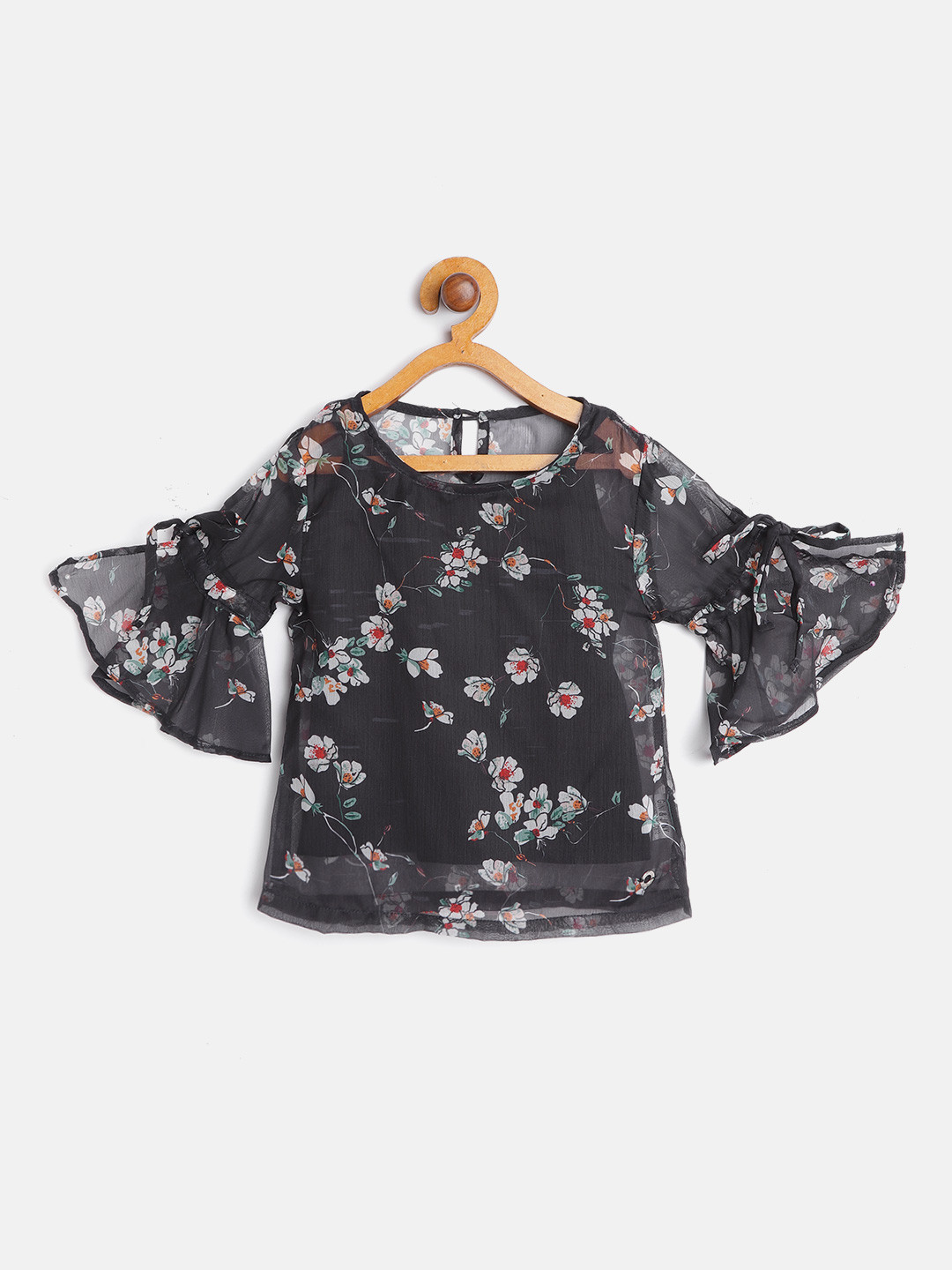 Gini and Jony Girls Navy Blue & White Floral Bell Sleeves Sheer Regular Top
