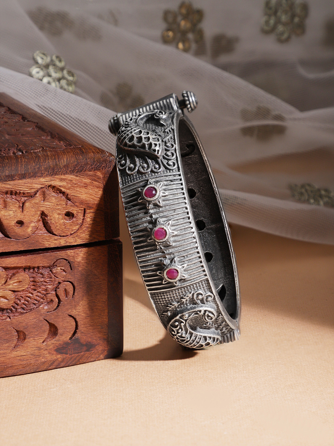 Rubans Silver-Plated Alloy Oxidised Filigree Ruby Stone Handcrafted Peacock Bracelet