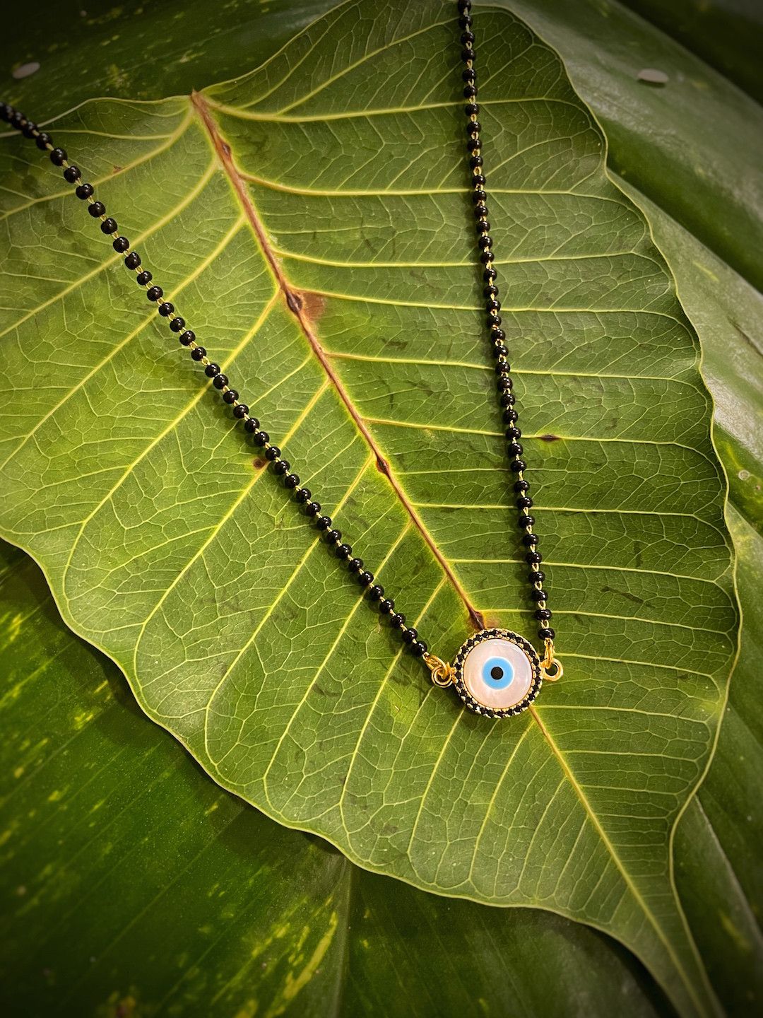 Digital Dress Room Gold-Plated Black & White CZ-Studded Beaded Evil Eye Protector Charm Mangalsutra