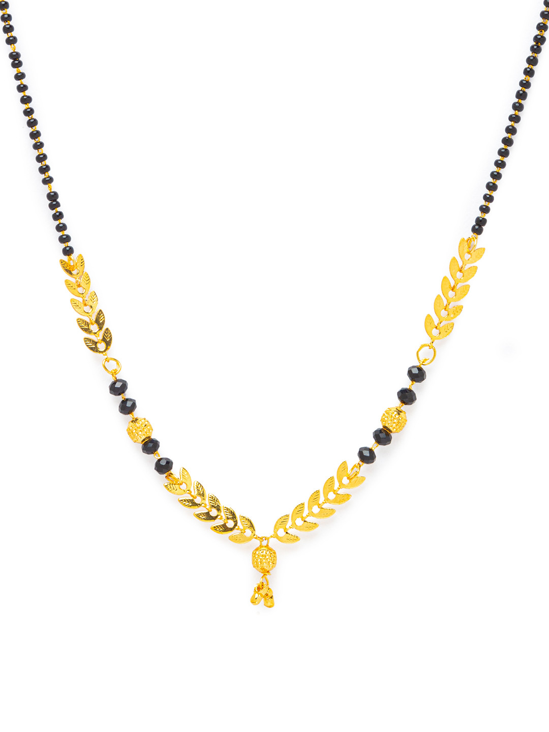 Digital Dress Room Short Mangalsutra Designs Gold Plated & Black Beaded Ball Shape Pendant with Ghungroo Mangalsutra