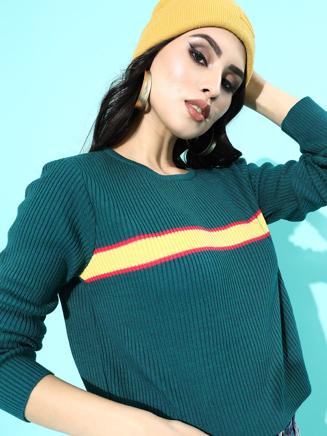 DressBerry Women Teal Striped Knitted Sweater