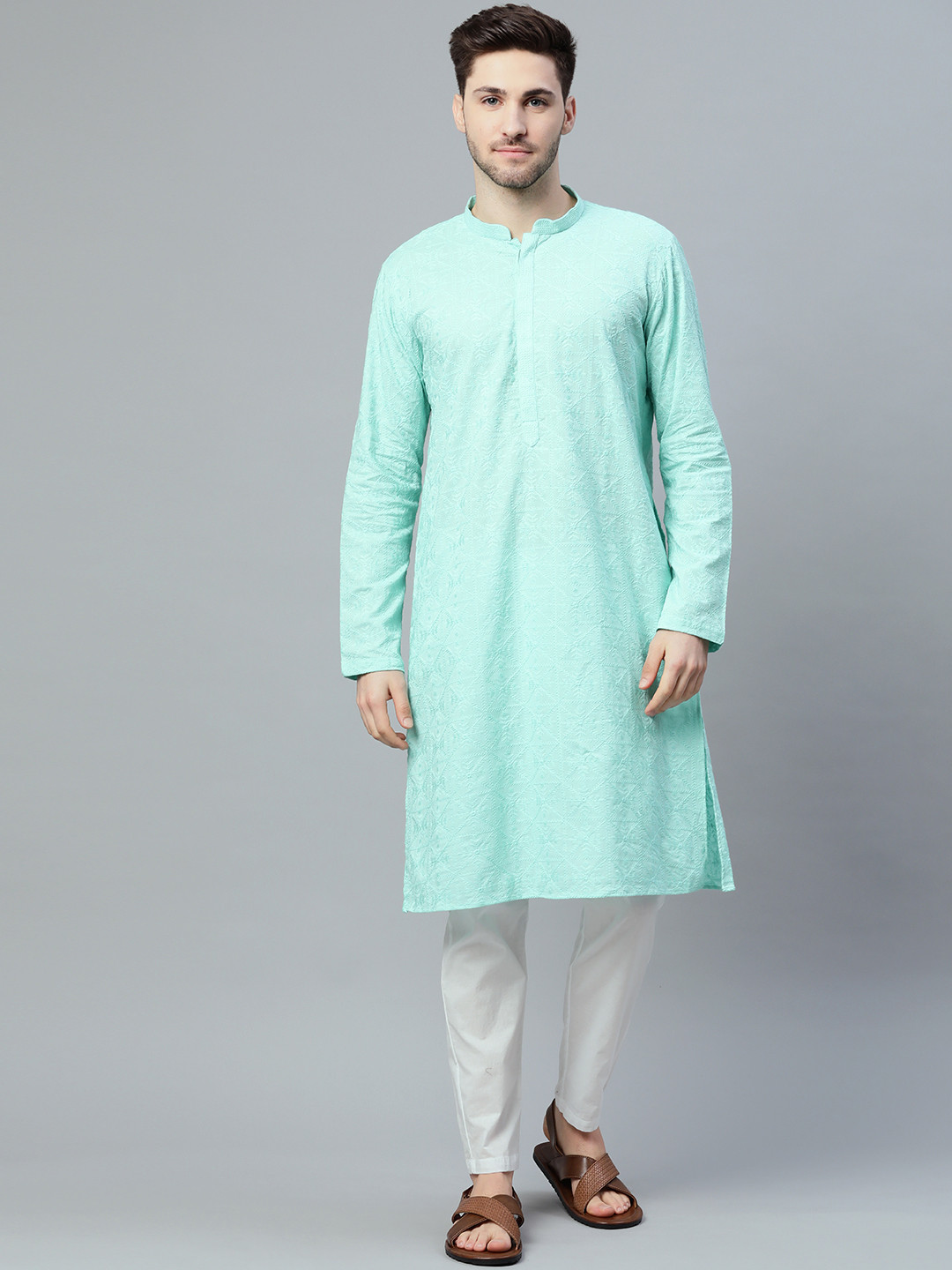 See Designs Men Sea Green Ethnic Motifs Chikankari Embroidered Straight Kurta
