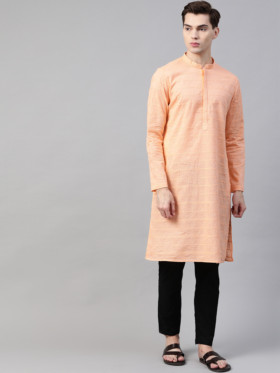 See Designs Men Peach-Colored Ethnic Motifs Embroidered Pure Cotton Thread Work Kurta