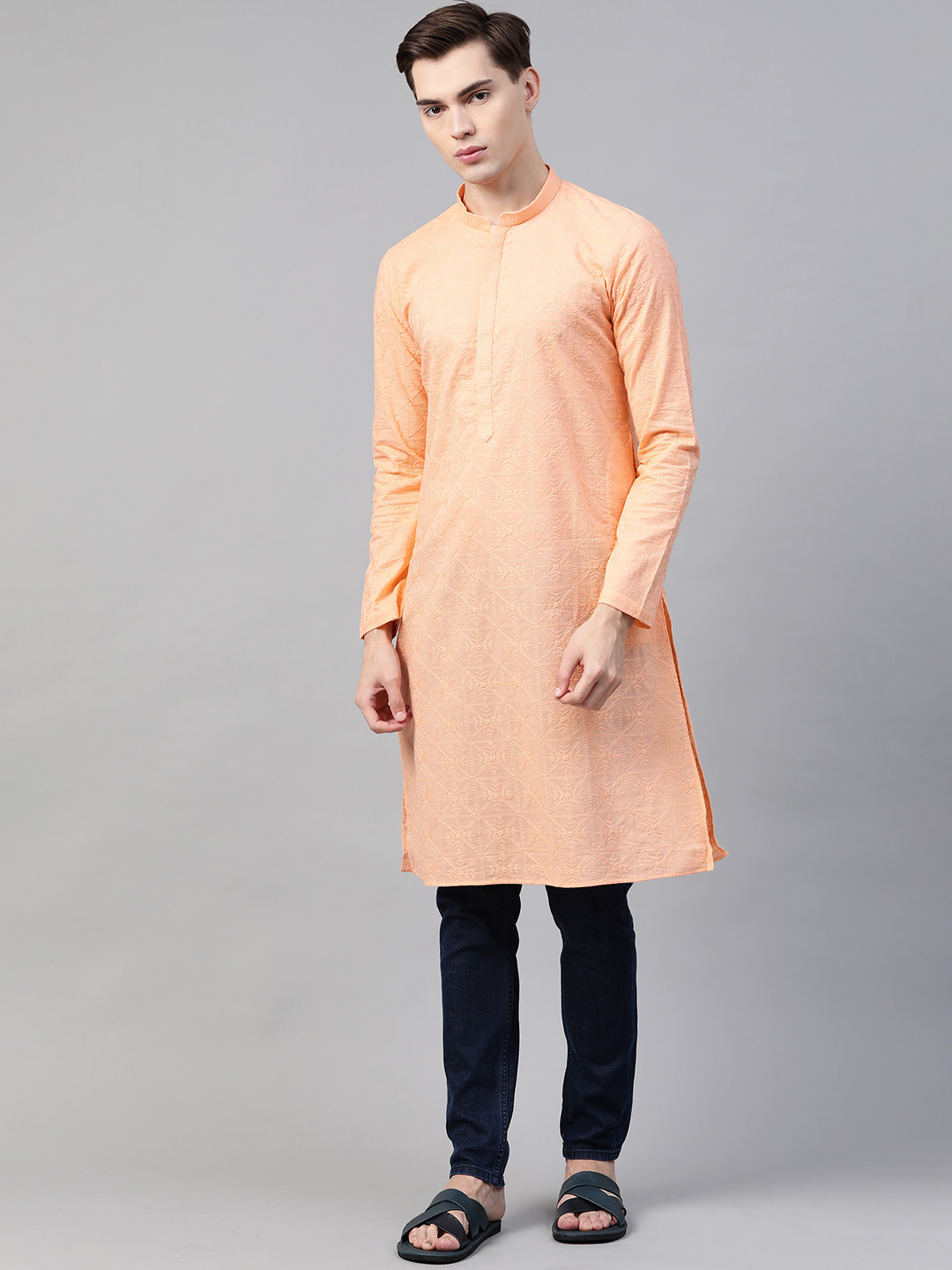 See Designs Men Peach Ethnic Motifs Chikankari Embroidered Chikankari Kurta