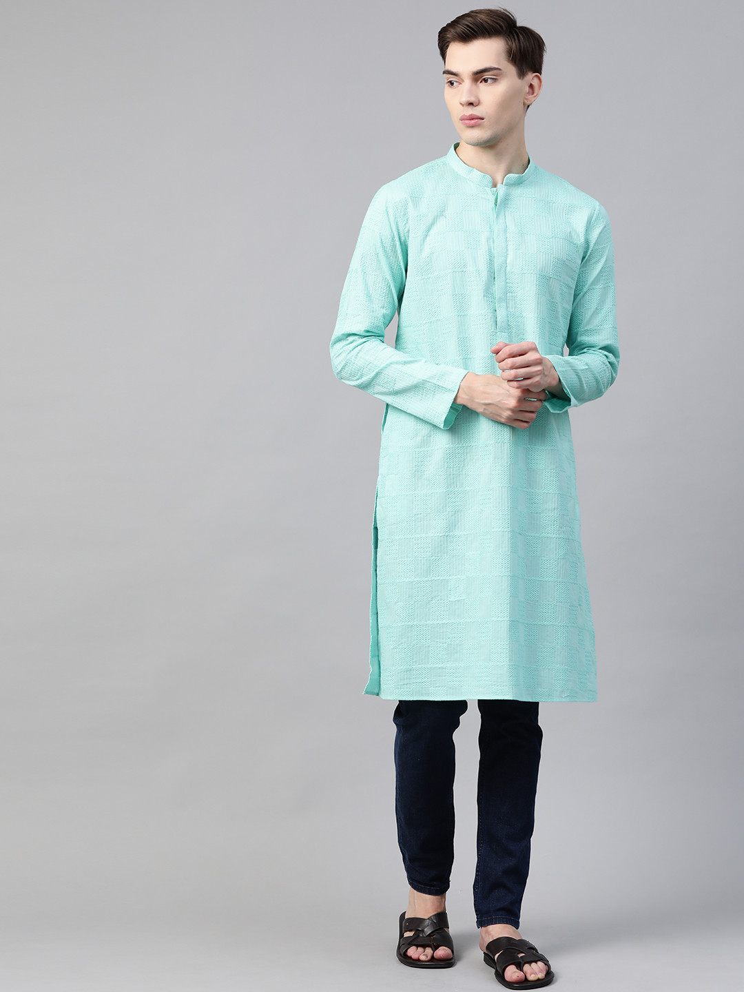 See Designs Men Sea Green Ethnic Motifs Chikankari Embroidered Straight Kurta
